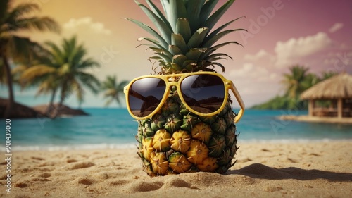 Pineapple and coconut wearing sunglasses with sunblock on a solid background. photo