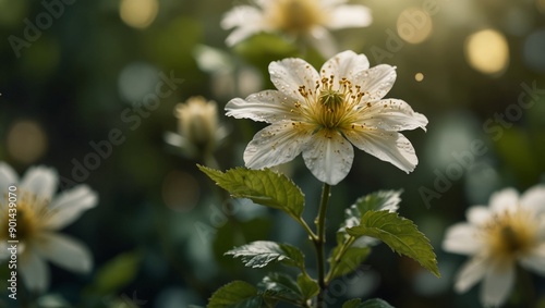 eco friendly floral background with subtle ink wash green leaves and light gold accents. photo