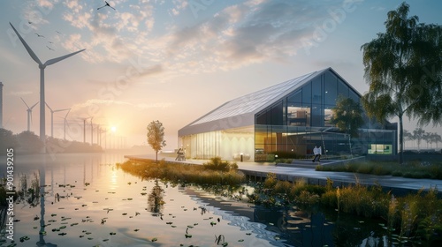 Sunrise Serenity EcoFriendly Energy Plant Embracing Sustainability and Augmented Reality Innovation by the Water's Edge