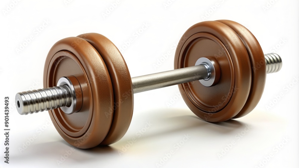 Isolated 3D rendering of a brown dumbbell with two wheels connected by a metal bar, set against a clean and minimalist white background, highlighting fitness and strength. Isolated 3D rendering of a brown dumbbell with two wheels connected by a metal bar, set against a clean and minimalist white background, highlighting fitness and strength.
