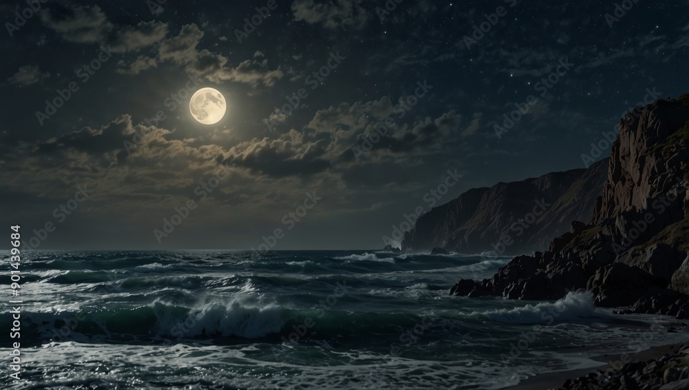 Moonlit waves crash on rocky cliffs star-studded sky timeless beauty background. Moonlit waves crash on rocky cliffs star-studded sky timeless beauty background.