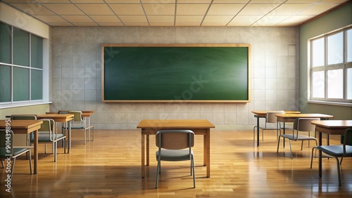 Warm and inviting portrait of an empty classroom featuring a blank blackboard and a vacant space where the teacher would stand, evoking a sense of learning and education.