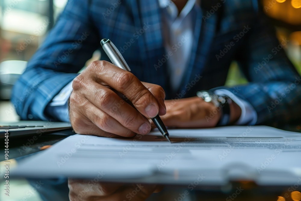 Businessman signing a document with a pen in a formal setting, representing corporate and managerial activities.