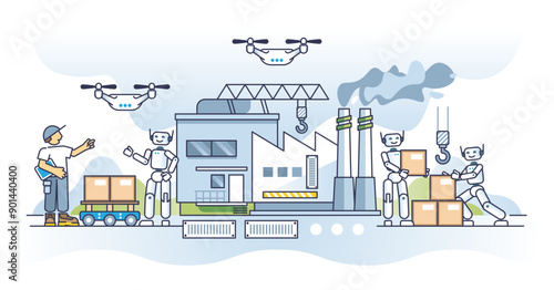 Robotics and effective technological manufacturing automation outline concept, transparent background. RPA process as electronic robot support, help and assistance for work illustration.