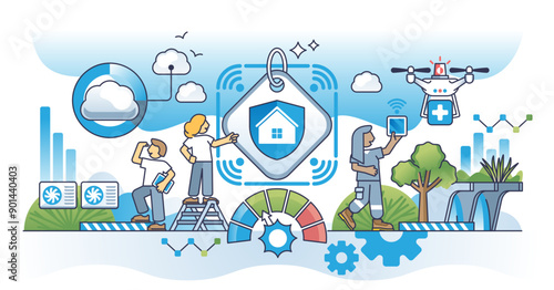 Technological breakthrough in home and medical security outline concept, transparent background.Modern progress for safe protection from threat illustration.