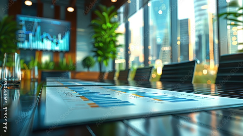 Modern corporate boardroom with city view. Focus on chart documents on table, illustrating business analysis and data trends. Modern corporate boardroom with city view. Focus on chart documents on table, illustrating business analysis and data trends.