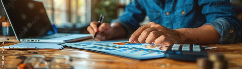 Fototapeta premium Person working on financial reports, analyzing business data with laptop and calculator on wooden desk in cozy home office setting.