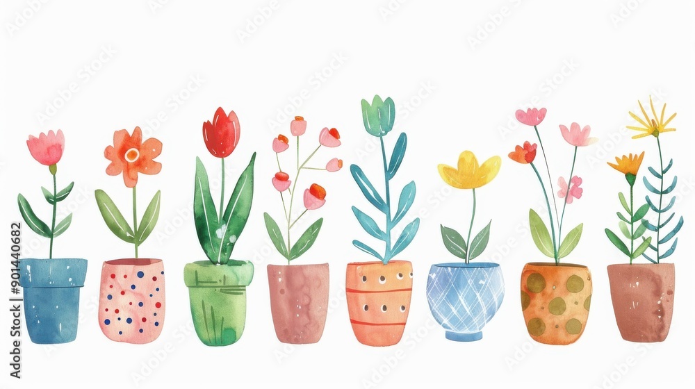 A colorful array of illustrated flower pots, each featuring unique blooms, perfect for home decor or botanical inspiration. A colorful array of illustrated flower pots, each featuring unique blooms, perfect for home decor or botanical inspiration.