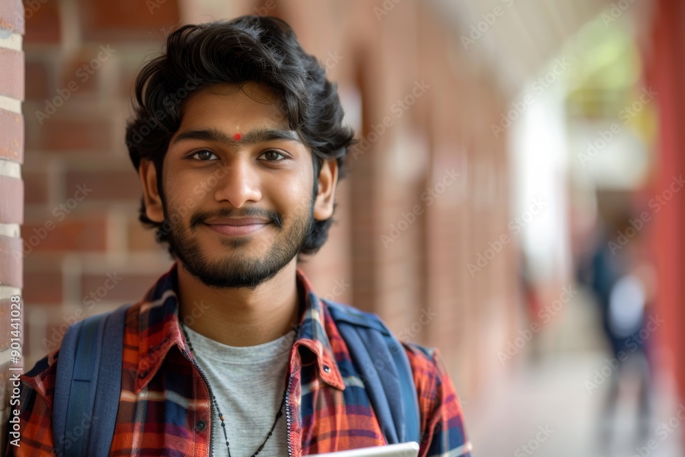 Close-up of an Indian student's face at university, holding a tablet and radiating happiness and confidence in pursuing academic goals. Close-up of an Indian student's face at university, holding a tablet and radiating happiness and confidence in pursuing academic goals.