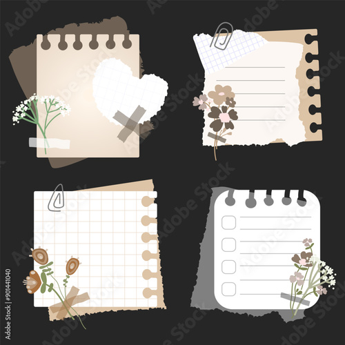 Notes and old torn out notebook pages with flowers glued tape vintage collection.Old scrapbooking paper pieces.