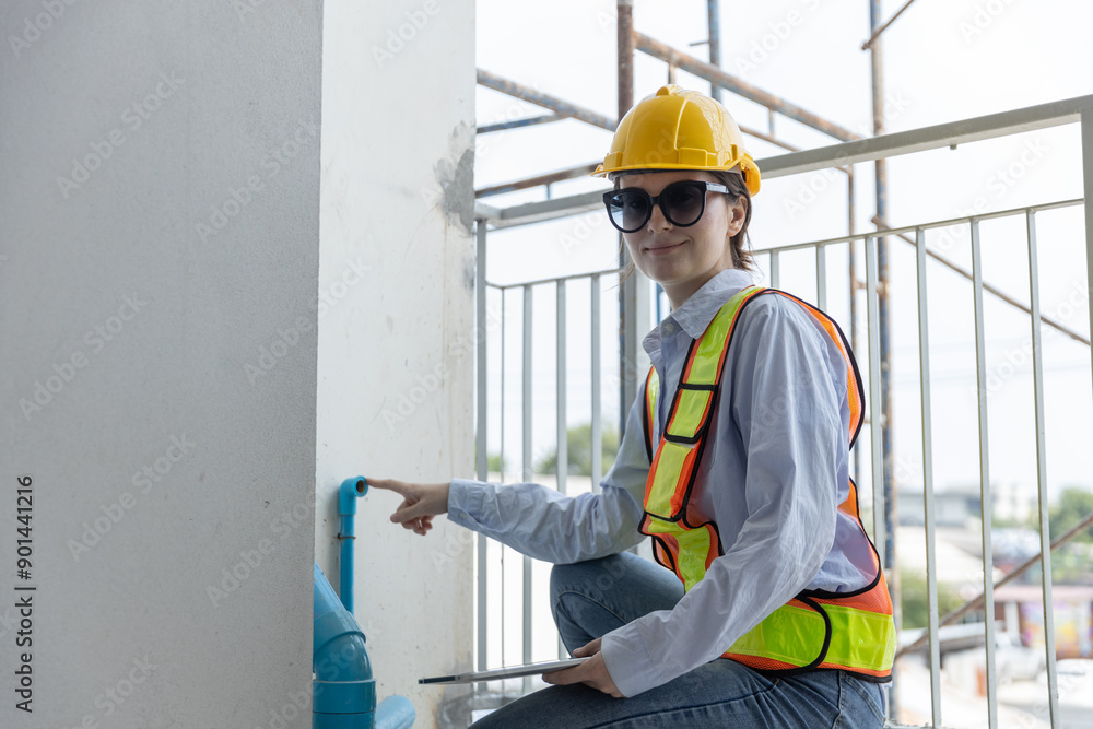 Construction civil engineer woman using tablet checking quality water pipes inside and drainage system building of work construction site. Female worker yellow hard hat safety pipeline Inside building Construction civil engineer woman using tablet checking quality water pipes inside and drainage system building of work construction site. Female worker yellow hard hat safety pipeline Inside building