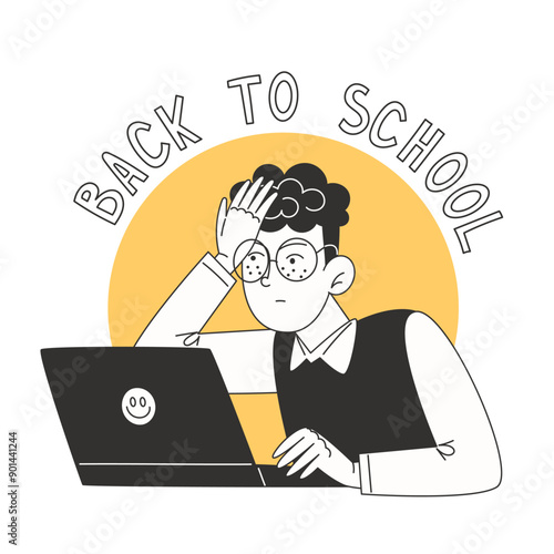 Confused schoolboy in school uniform looking at laptop
