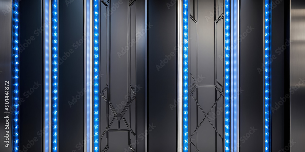 Fototapeta premium Sleek metallic doors panels with illuminated blue neon LED lights. Futuristic, high-tech, or sci-fi environments in corporate or architectural designs background.