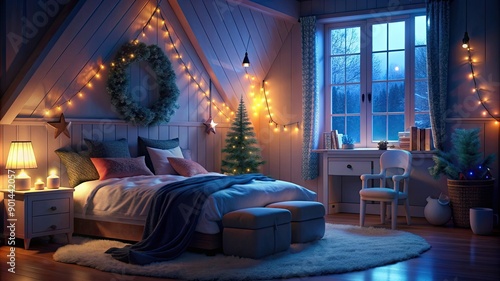 A cozy room decorated with Christmas ornaments. A glowing Christmas tree.