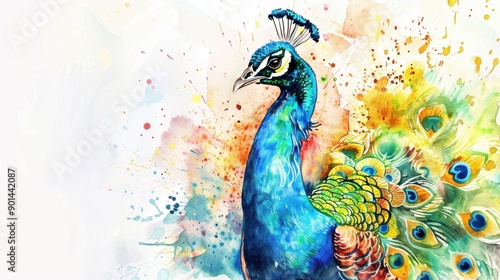 Vibrant watercolor peacock illustration showcasing stunning colors and intricate feather details.