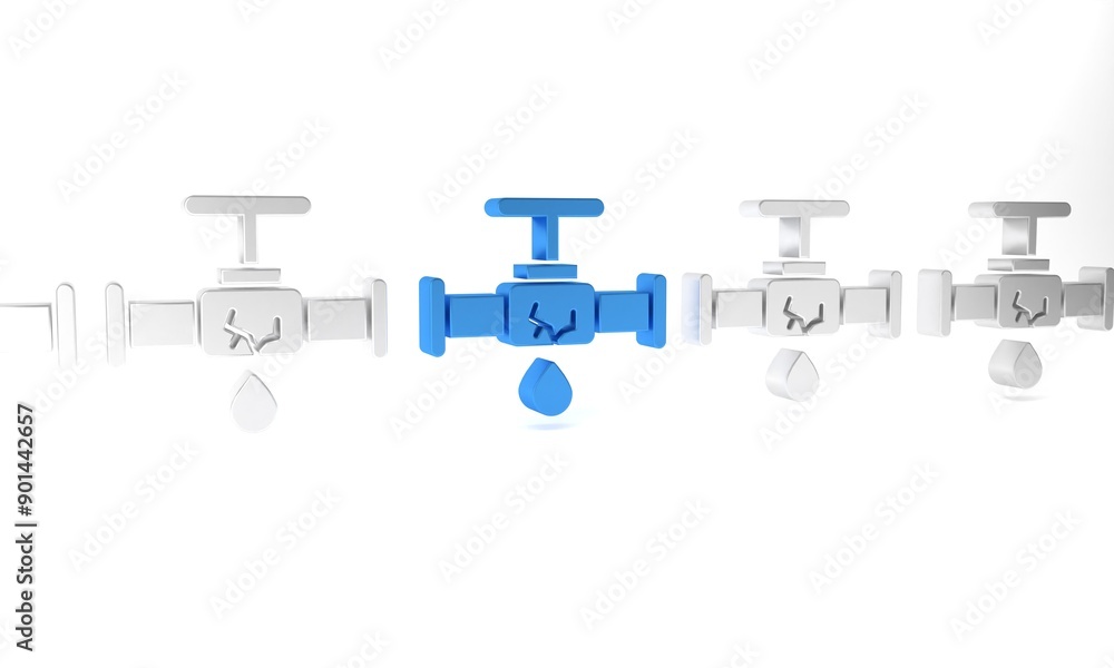 Blue Broken metal pipe with leaking water icon isolated on white background. Minimalism concept. 3D render illustration Blue Broken metal pipe with leaking water icon isolated on white background. Minimalism concept. 3D render illustration