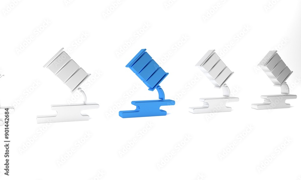 Blue Barrel oil leak icon isolated on white background. Minimalism concept. 3D render illustration Blue Barrel oil leak icon isolated on white background. Minimalism concept. 3D render illustration