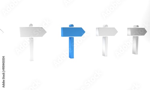 Blue Road traffic sign. Signpost icon isolated on white background. Pointer symbol. Street information sign. Direction sign. Minimalism concept. 3D render illustration