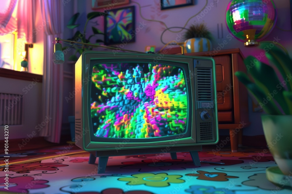 Obraz premium Vintage TV Showcasing Psychedelic Patterns in Retro Room