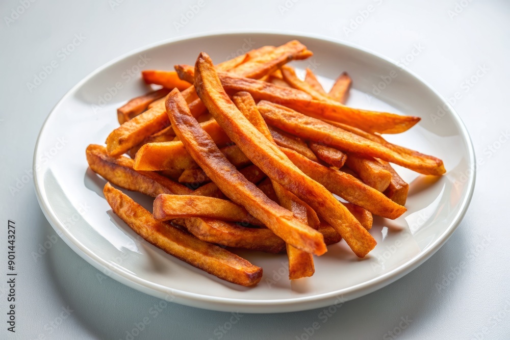 Crispy sweet potato fries arranged in a curved pattern on a white plate, isolated on a transparent background, illuminated by soft, natural light. Crispy sweet potato fries arranged in a curved pattern on a white plate, isolated on a transparent background, illuminated by soft, natural light.