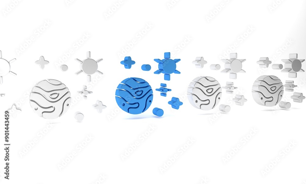 Blue Space and planet icon isolated on white background. Planets surface with craters, stars and comets. Minimalism concept. 3D render illustration Blue Space and planet icon isolated on white background. Planets surface with craters, stars and comets. Minimalism concept. 3D render illustration