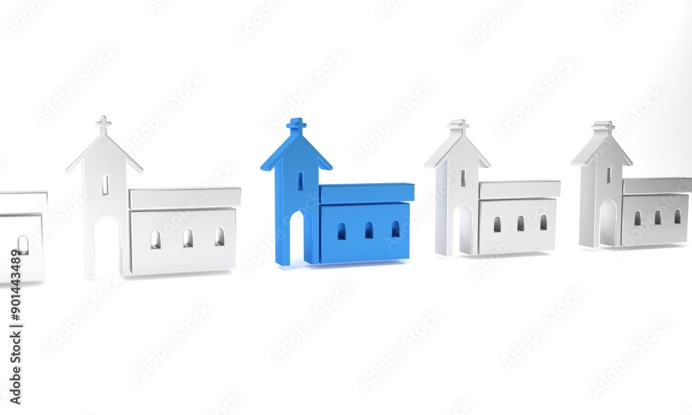 Blue Church building icon isolated on white background. Christian Church. Religion of church. Minimalism concept. 3D render illustration Blue Church building icon isolated on white background. Christian Church. Religion of church. Minimalism concept. 3D render illustration