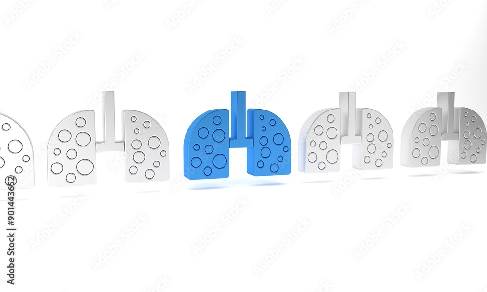 Blue Virus cells in lung icon isolated on white background. Infected lungs. Coronavirus, COVID-19. 2019-nCoV. Minimalism concept. 3D render illustration Blue Virus cells in lung icon isolated on white background. Infected lungs. Coronavirus, COVID-19. 2019-nCoV. Minimalism concept. 3D render illustration
