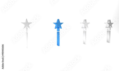 Blue Magic wand icon isolated on white background. Star shape magic accessory. Magical power. Minimalism concept. 3D render illustration