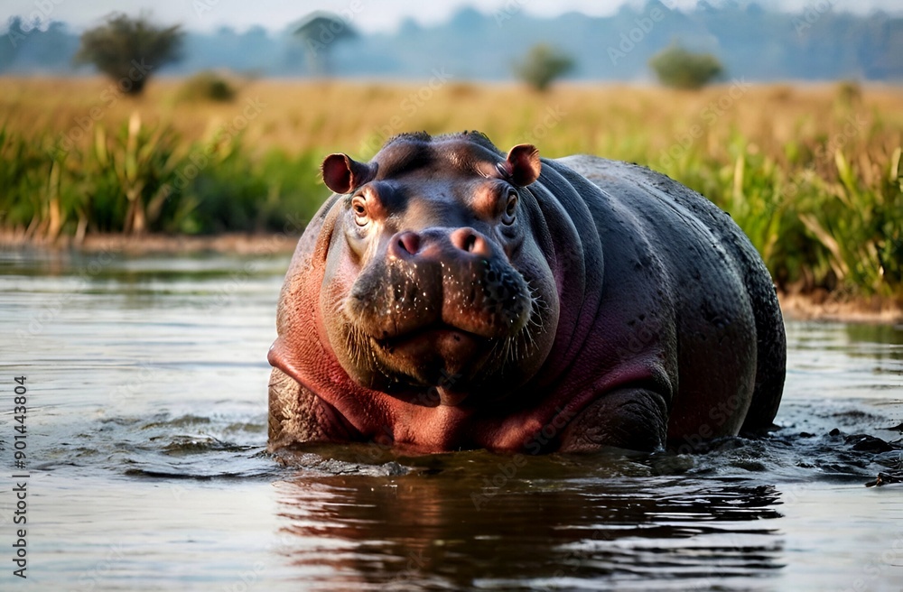 A view of a large hippopotamus standing in a water hole A view of a large hippopotamus standing in a water hole