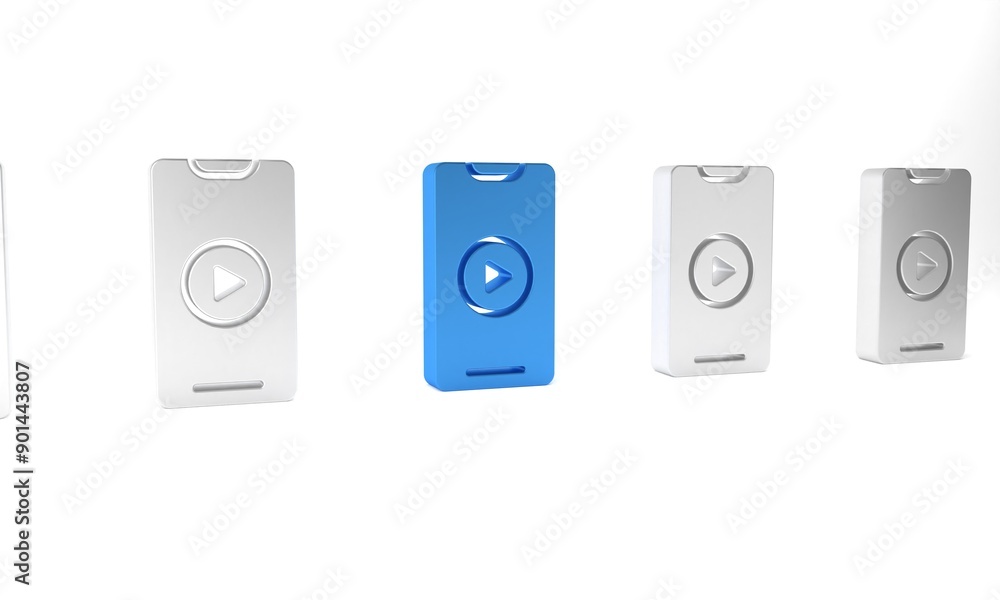 Blue Online play video icon isolated on white background. Smartphone and film strip with play sign. Minimalism concept. 3D render illustration Blue Online play video icon isolated on white background. Smartphone and film strip with play sign. Minimalism concept. 3D render illustration