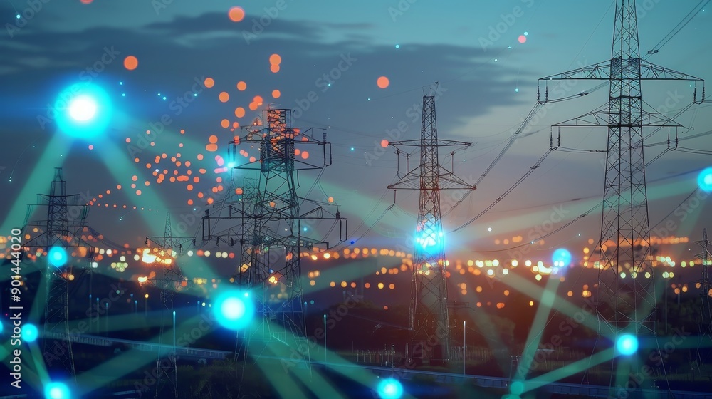 Fototapeta premium Electric Dreams Futuristic Power Complex at Twilight with Sustainable Solutions