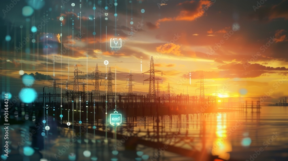 Fototapeta premium Renewable Energy Innovation Digital Icons Floating Above Green Power Plant at Sunset