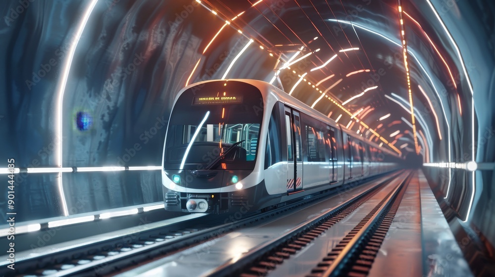 Fototapeta premium Dynamic Light Symphony Futuristic Railcar Gliding Through Illuminated Tunnel