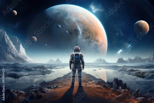 Astronaut wearing fancy spacesuit planet moon astronomy. © Rawpixel.com