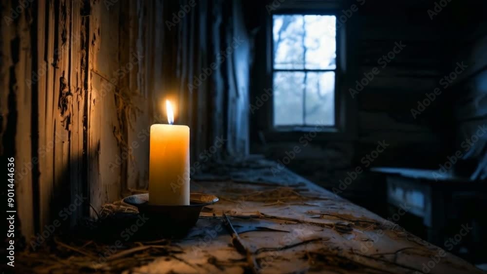 A single candle burns brightly in a dilapidated farmhouse window A single candle burns brightly in a dilapidated farmhouse window