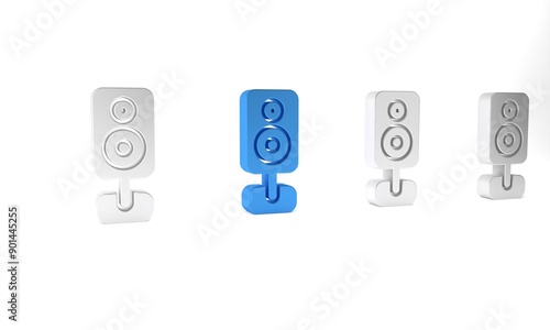 Blue Stereo speaker icon isolated on white background. Sound system speakers. Music icon. Musical column speaker bass equipment. Minimalism concept. 3D render illustration