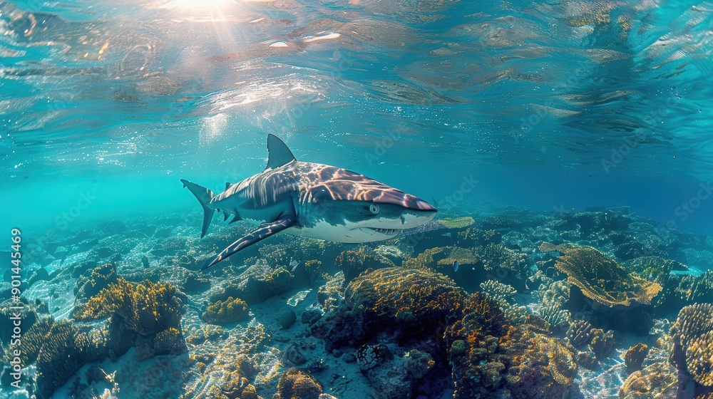 Obraz premium A stunning underwater photograph capturing the beauty and mystery of marine life with a shark swimming gracefully over a vibrant coral reef