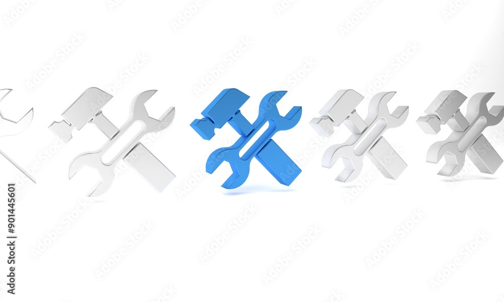 Blue Crossed hammer and wrench spanner icon isolated on white background. Hardware tools. Minimalism concept. 3D render illustration Blue Crossed hammer and wrench spanner icon isolated on white background. Hardware tools. Minimalism concept. 3D render illustration