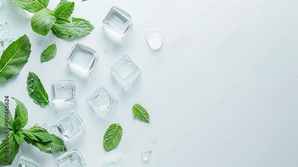 Mint leaves and ice on neutral, blank background. Perfect for creating eye-catching promotional materials or product advertisements. Mint leaves and ice on neutral, blank background. Perfect for creating eye-catching promotional materials or product advertisements.