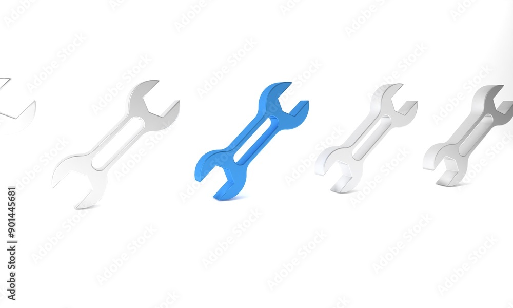 Blue Wrench spanner icon isolated on white background. Minimalism concept. 3D render illustration Blue Wrench spanner icon isolated on white background. Minimalism concept. 3D render illustration