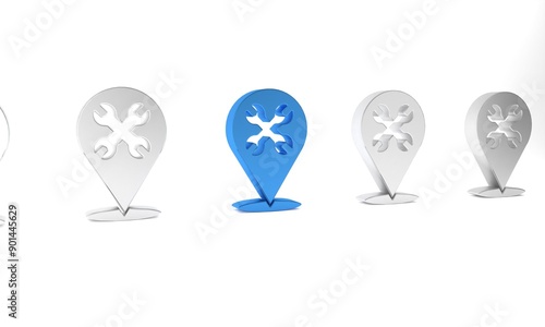 Free Download Blue Location with wrench spanner icon isolated on white background. Adjusting, service, setting, maintenance, repair, fixing. Minimalism concept. 3D render illustration - GFXLoad