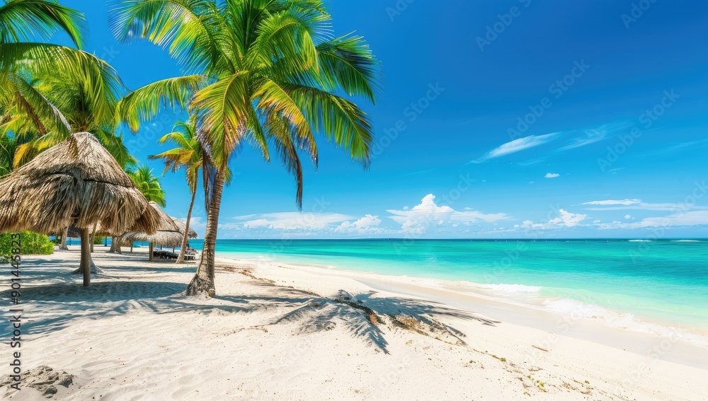 Tranquil Tropical Beach With Crystal Clear Water and Lush Palm Trees at Sunrise Tranquil Tropical Beach With Crystal Clear Water and Lush Palm Trees at Sunrise