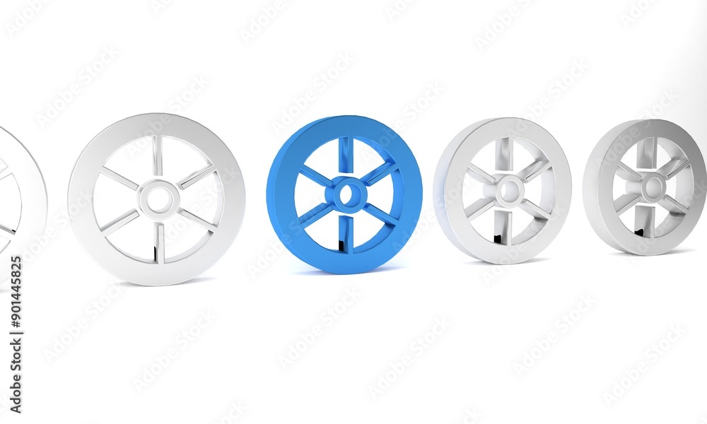 Blue Bicycle wheel icon isolated on white background. Bike race. Extreme sport. Sport equipment. Minimalism concept. 3D render illustration Blue Bicycle wheel icon isolated on white background. Bike race. Extreme sport. Sport equipment. Minimalism concept. 3D render illustration