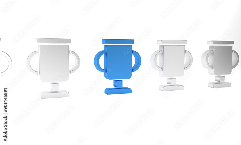 Blue Award cup with bicycle icon isolated on white background. Winner trophy symbol. Championship or competition trophy. Sports achievement. Minimalism concept. 3D render illustration Blue Award cup with bicycle icon isolated on white background. Winner trophy symbol. Championship or competition trophy. Sports achievement. Minimalism concept. 3D render illustration