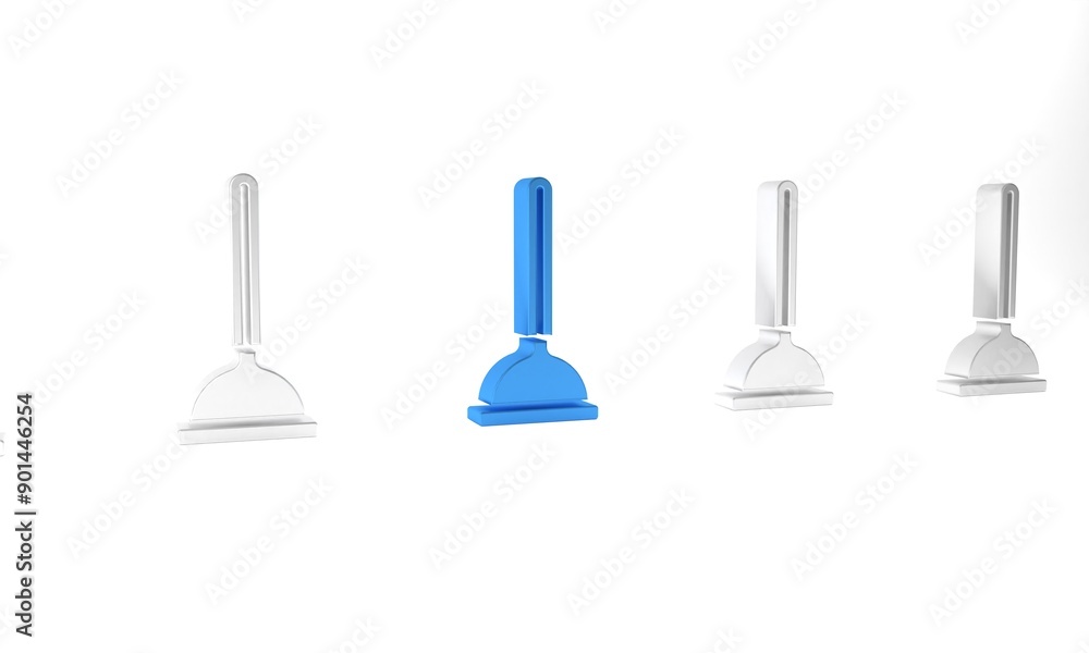 Blue Rubber plunger with wooden handle for pipe cleaning icon isolated on white background. Toilet plunger. Minimalism concept. 3D render illustration Blue Rubber plunger with wooden handle for pipe cleaning icon isolated on white background. Toilet plunger. Minimalism concept. 3D render illustration