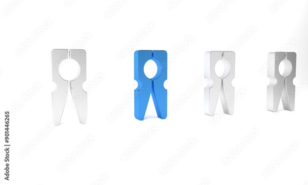 Obraz premium Blue Old wood clothes pin icon isolated on white background. Clothes peg. Minimalism concept. 3D render illustration