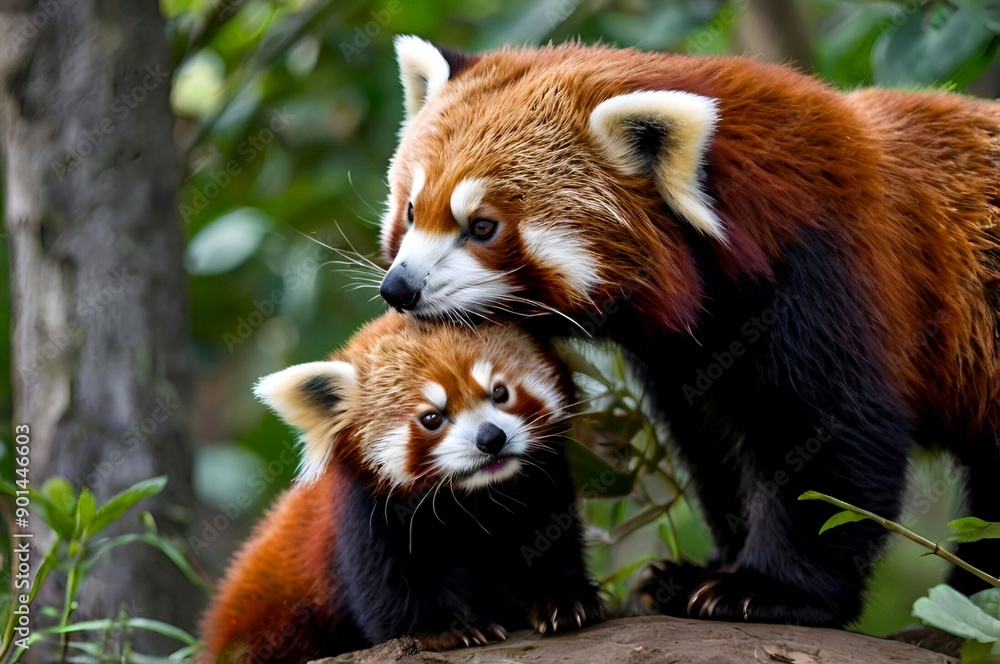 View of a cub with a beautiful red panda mother in the forest View of a cub with a beautiful red panda mother in the forest