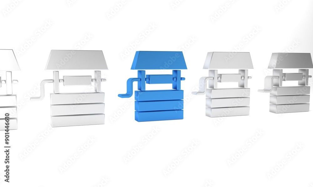 Blue Well with a bucket and drinking water icon isolated on white background. Minimalism concept. 3D render illustration Blue Well with a bucket and drinking water icon isolated on white background. Minimalism concept. 3D render illustration