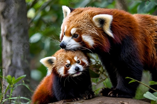 View of a cub with a beautiful red panda mother in the forest