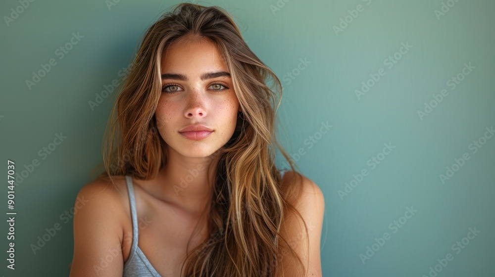Young woman with long hair, looking thoughtfully on a plain green background Young woman with long hair, looking thoughtfully on a plain green background